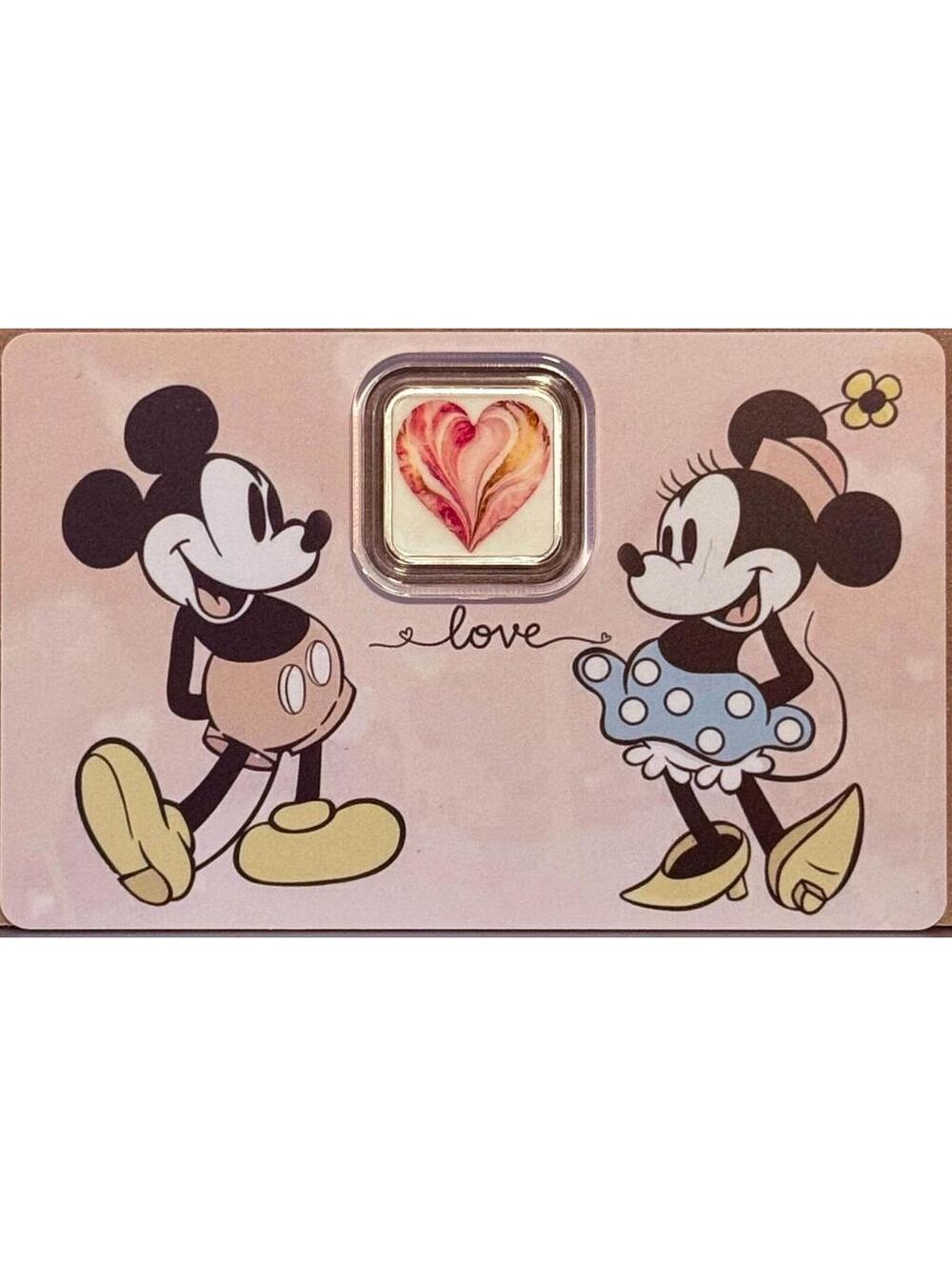 Mickey & Minnie Mouse Love Heart Silver Bar in Assay Card • 1 Gram Pure Silver